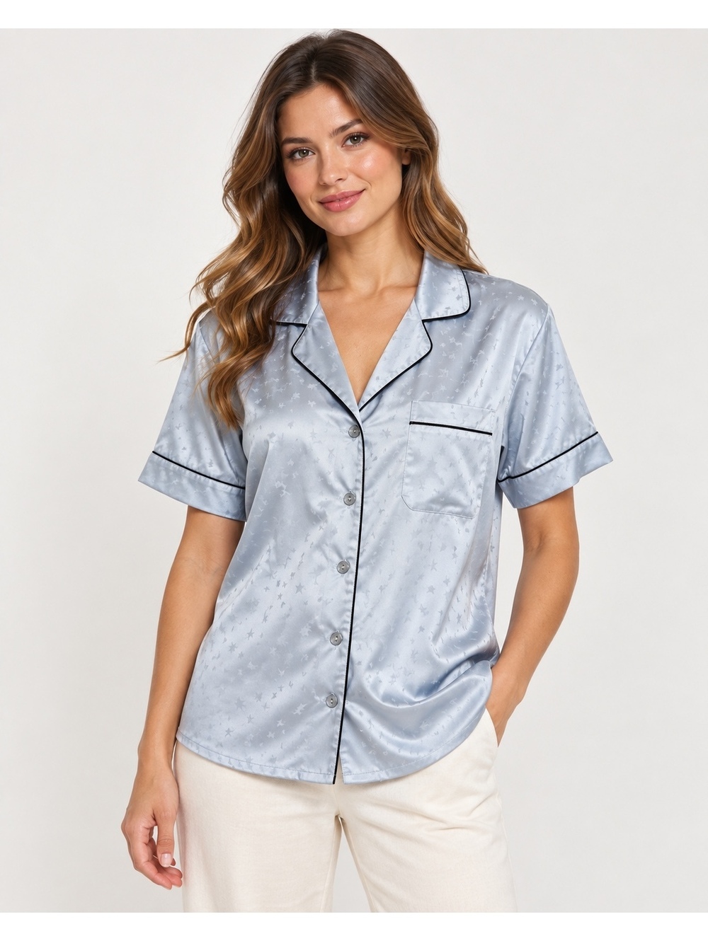 Victoria’s Secret Satin Pajama Top Star Print Blue Button Long Sleeve Size L